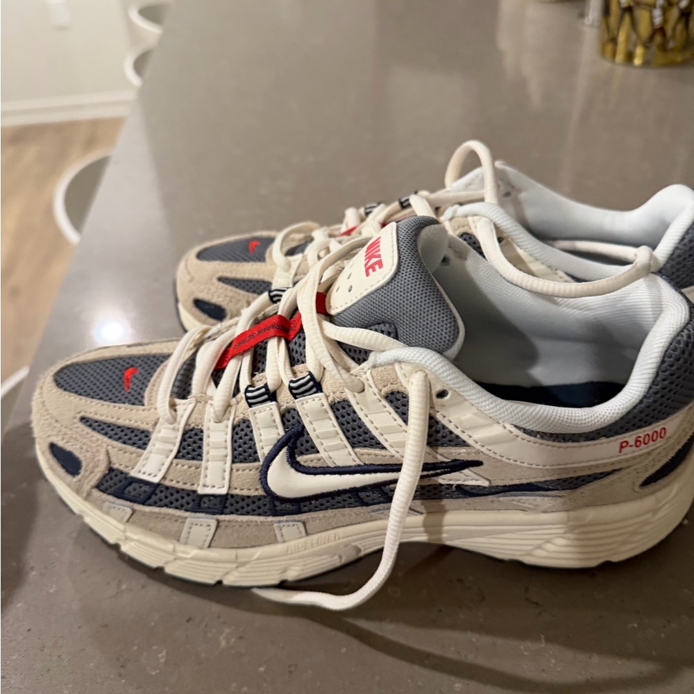 Nike P-6000 in Beige and Dark Blue with Red Accents
